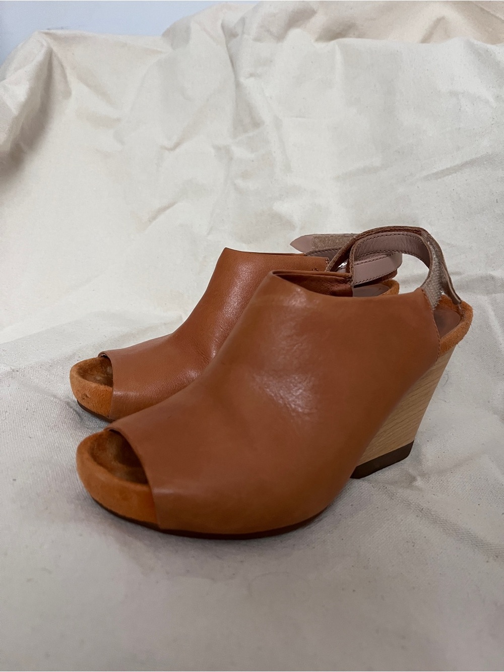 Camper , size five heels. Women’s tan, leather, slingback sandals with wood heel